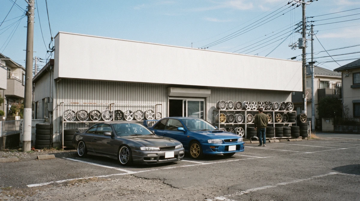 A visitor browsing rows of used JDM car parts at a Tokyo shop in daylight, part of a self-guided jdm car spotting tokyo without a tour trip