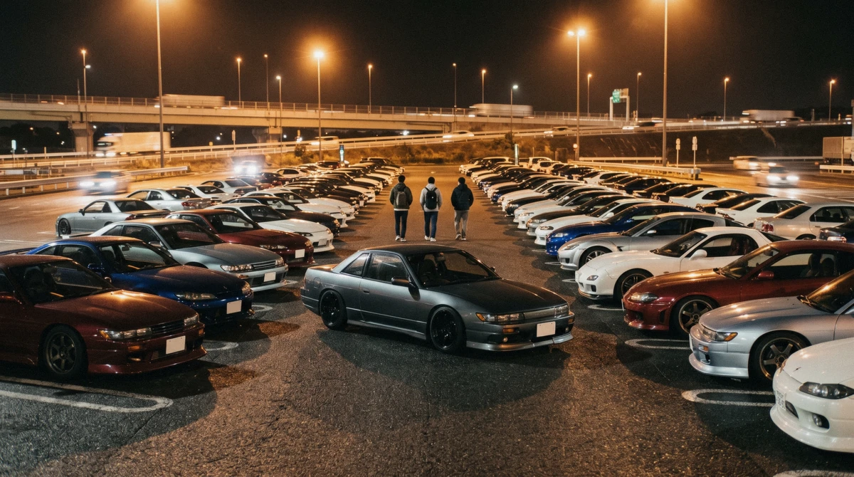 Rows of tuned JDM cars parked under floodlights at a Tokyo highway rest area, the scene behind a jdm car tour in Tokyo worth-it decision