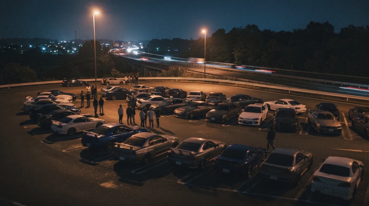 A rest area filling with modified cars at night on a cheap jdm car tour in Tokyo