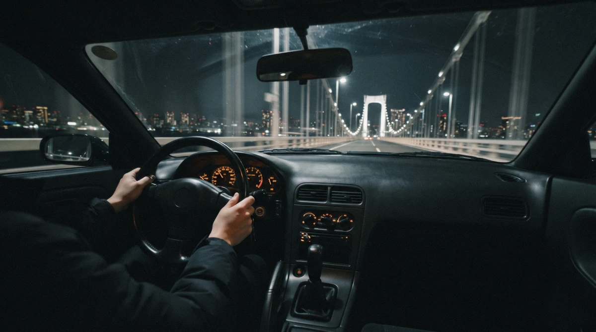 Passenger view of a tuned coupe crossing a lit bay bridge at night on a nissan skyline r34 experience in Tokyo