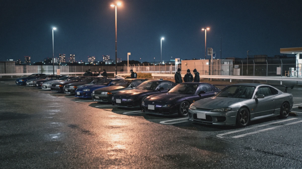 A row of tuned coupes under floodlights at night on a nissan skyline r34 experience in Tokyo