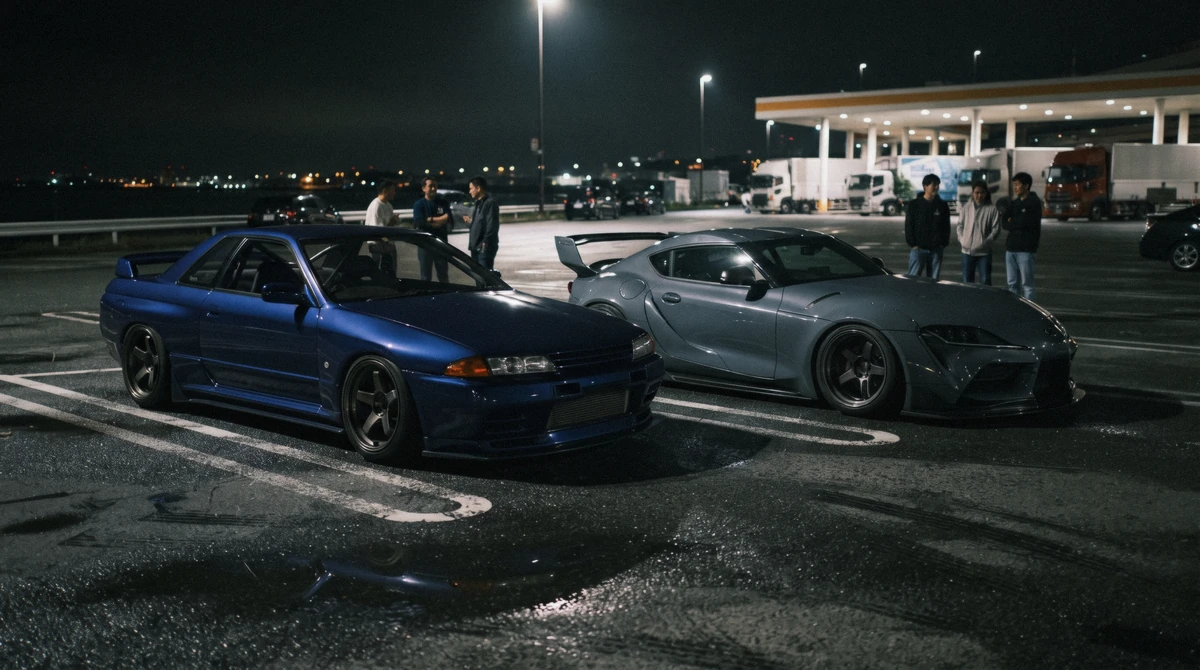 A modified coupe and a wide-body sports car at the floodlit meet at night on a cheap jdm car tour in Tokyo